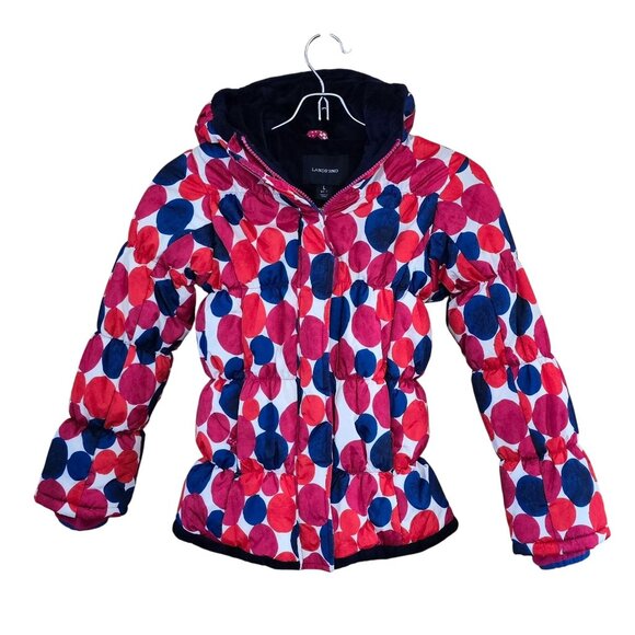 Lands End Girls Winter Coat 6-7 Colorful Polka Dot Fleece Lined Puffer Jacket - Picture 1 of 8